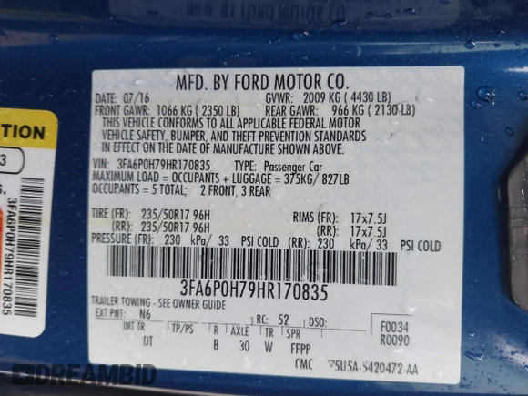 2017 Ford Fusion SE z VIN 3FA6P0H79HR170835, wystawiony jako IAAI lot #41911416 z przebiegiem 67 219 mil mil oraz . Historia ofert i sprzedaży dostępna na DreamBid. Obrazek 9.