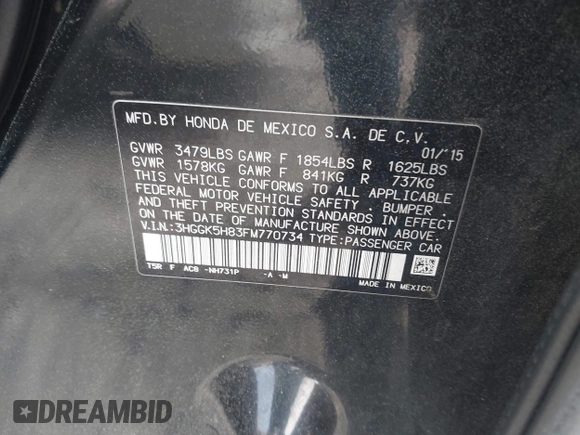 2015 Honda Fit EX-L with VIN 3HGGK5H83FM770734, listed as a IAAI auction lot 41936962 with 132,478 mi miles. Bid and sale history available at carsss.com. Image 9.