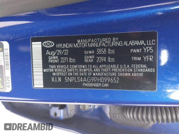 2023 Hyundai Elantra SEL with VIN 5NPLS4AG9PH099652, listed as a IAAI auction lot 42043340 with 64,376 mi miles and . Bid and sale history available at DreamBid. Image 9.