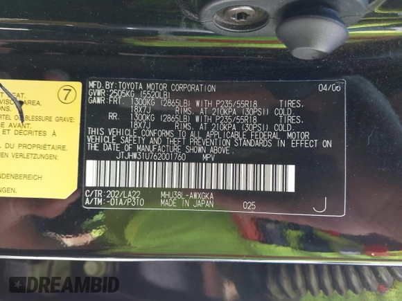 2006 Lexus RX 400h with VIN JTJHW31U762001760, listed as a IAAI auction lot 42235447 with 150,902 mi miles and . Bid and sale history available at DreamBid. Image 9.