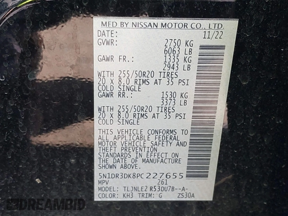 2023 Nissan Pathfinder Platinum with VIN 5N1DR3DK8PC227655, listed as a IAAI auction lot 42157443 with 37,784 mi miles and . Bid and sale history available at DreamBid. Image 9.