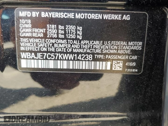 2019 BMW 5 Series 540i xDrive with VIN WBAJE7C57KWW14238, listed as a Copart auction lot 67701274 with Not Provided miles and Salvage Title. Bid and sale history available at carsss.com. Image 12.