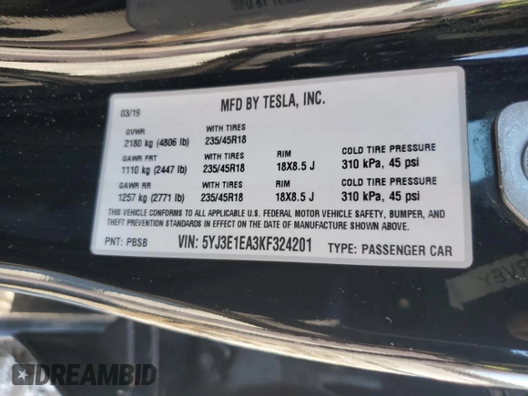 2019 Tesla Model 3 Mid Range with VIN 5YJ3E1EA3KF324201, listed as a Copart auction lot 43221185 with 117,606 mi miles and Salvage Title. Bid and sale history available at carsss.com. Image 12.