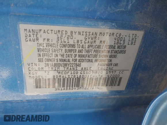 2021 Nissan Sentra SR with VIN 3N1AB8DV3MY227846, listed as a IAAI auction lot 41979794 with 54,637 mi miles and . Bid and sale history available at DreamBid. Image 9.
