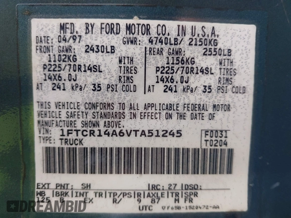 1997 Ford Ranger XL with VIN 1FTCR14A6VTA51245, listed as a IAAI auction lot 41807907 with 239,124 mi miles. Bid and sale history available at carsss.com. Image 9.