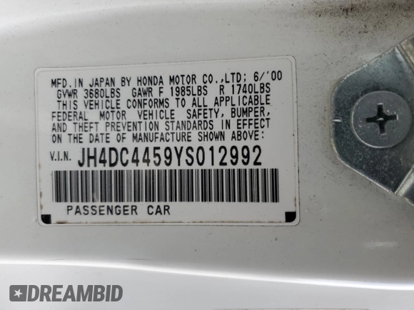 2000 Acura Integra LS with VIN JH4DC4459YS012992, listed as a Copart auction lot 53804615 with 271,223 mi miles and Salvage title. Bid and sale history available at DreamBid. Image 13.