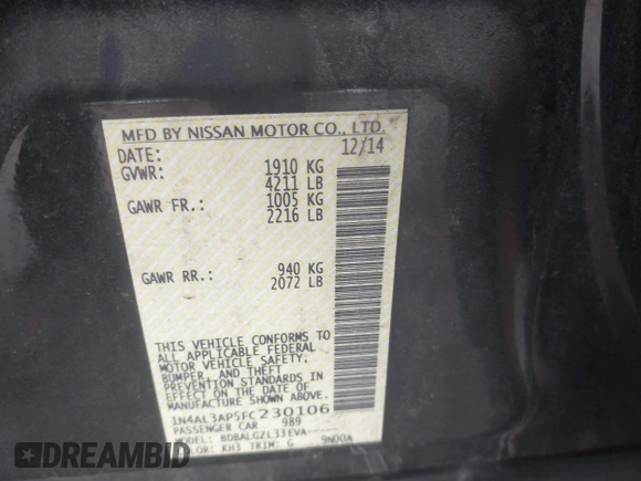 2015 Nissan Altima 2.5 S with VIN 1N4AL3AP5FC230106, listed as a IAAI auction lot 41202892 with 128,919 mi miles. Bid and sale history available at carsss.com. Image 9.