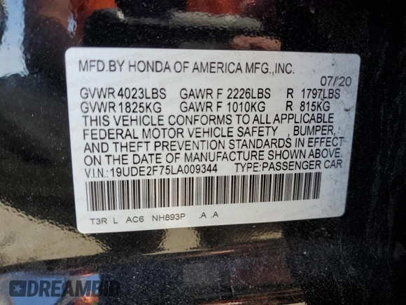 2020 Acura ILX Premium with VIN 19UDE2F75LA009344, listed as a Copart auction lot 55945385 with 59,344 mi miles and Salvage title. Bid and sale history available at DreamBid. Image 12.