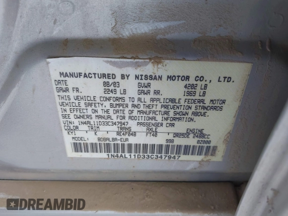 2003 Nissan Altima S with VIN 1N4AL11D33C347947, listed as a IAAI auction lot 41581036 with 231,319 mi miles. Bid and sale history available at carsss.com. Image 9.