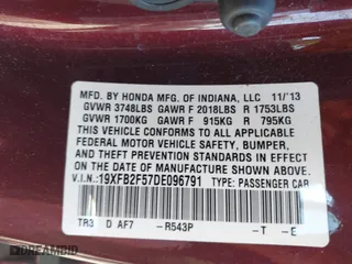 2013 Honda Civic Sdn LX with VIN 19XFB2F57DE096791, listed as a IAAI auction lot 41863226 with 78,173 mi miles. Bid and sale history available at carsss.com. Image 9.