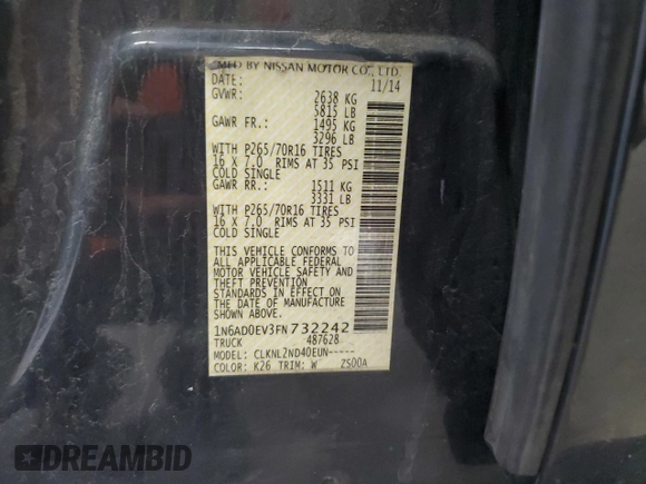 2015 Nissan Frontier Pro-4X with VIN 1N6AD0EV3FN732242, listed as a Copart auction lot 54837815 with 215,576 mi miles and Clean title. Bid and sale history available at DreamBid. Image 12.