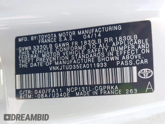2014 Toyota Yaris L with VIN VNKJTUD35EA011933, listed as a IAAI auction lot 42150303 with 114,369 mi miles. Bid and sale history available at carsss.com. Image 9.