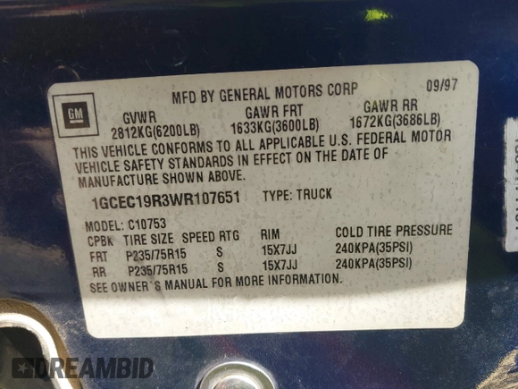 1998 Chevrolet Silverado 1500 with VIN 1GCEC19R3WR107651, listed as a IAAI auction lot 41480606 with 254,848 mi miles and . Bid and sale history available at DreamBid. Image 9.