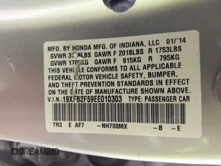 2014 Honda Civic Sedan LX with VIN 19XFB2F59EE010303, listed as a IAAI auction lot 41942211 with 118,530 mi miles. Bid and sale history available at carsss.com. Image 9.
