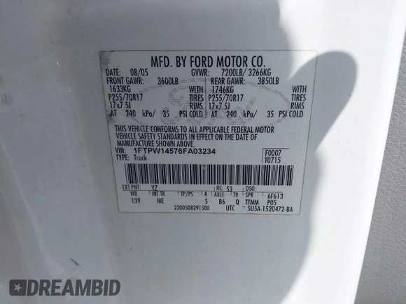 2006 Ford F-150 XLT with VIN 1FTPW14576FA03234, listed as a IAAI auction lot 42586619 with 312,074 mi miles and . Bid and sale history available at DreamBid. Image 9.