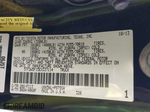 2014 Toyota Tundra 4WD Truck SR5 with VIN 5TFDW5F15EX337114, listed as a IAAI auction lot 41734727 with 209,163 mi miles. Bid and sale history available at carsss.com. Image 9.