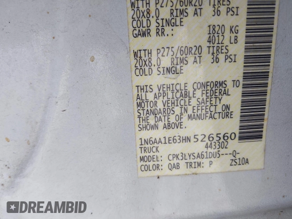 2017 Nissan Titan SV with VIN 1N6AA1E63HN526560, listed as a IAAI auction lot 42487006 with 155,505 mi miles and . Bid and sale history available at DreamBid. Image 9.