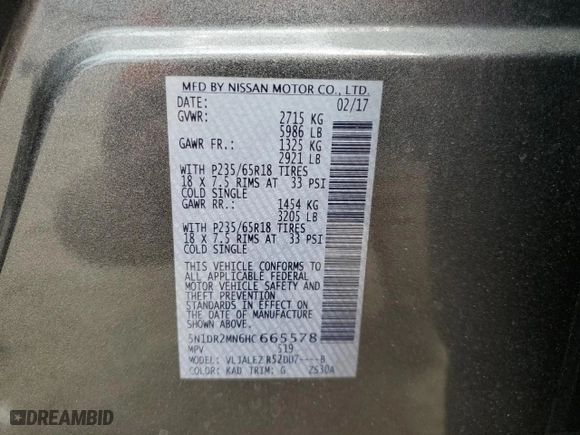 2017 Nissan Pathfinder SV with VIN 5N1DR2MN6HC665578, listed as a Copart auction lot 50237865 with 124,018 mi miles and Salvage Title. Bid and sale history available at carsss.com. Image 15.