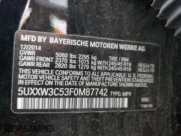2015 BMW X4 xDrive28i with VIN 5UXXW3C53F0M87742, listed as a Copart auction lot 47161944 with 150,200 mi miles. Bid and sale history available at carsss.com. Image 12.