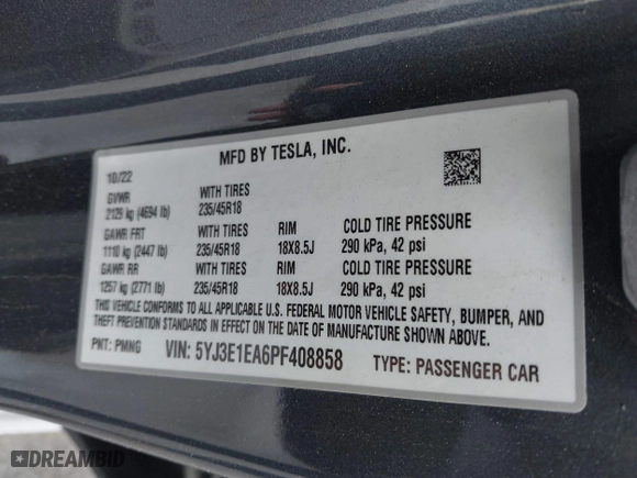 2023 Tesla Model 3 with VIN 5YJ3E1EA6PF408858, listed as a IAAI auction lot 41739383 with 1 mi miles. Bid and sale history available at carsss.com. Image 9.