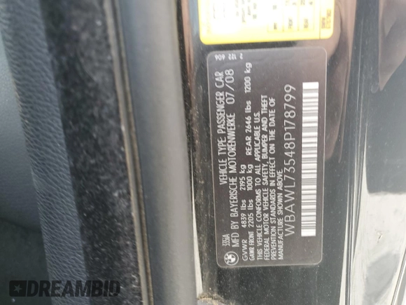 2008 BMW 3 Series 335i с VIN WBAWL73548P178799, выставлен на аукционе Copart как лот 55328295 с пробегом 142 105 миль миль и Списание • Salvage title. История ставок и продаж доступна на DreamBid. Изображение 12.