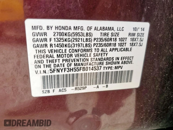2015 Honda Pilot EX-L z VIN 5FNYF3H55FB014537, wystawiony jako Copart lot #58467055 z przebiegiem 89 778 mil mil oraz Szkoda całkowita • Salvage title. Historia ofert i sprzedaży dostępna na DreamBid. Obrazek 13.