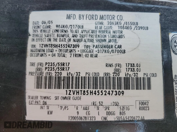 2005 Ford Mustang GT Deluxe with VIN 1ZVHT85H455247309, listed as a Copart auction lot 46153465 with 138,258 mi miles and Salvage Title. Bid and sale history available at DreamBid. Image 13.