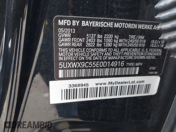 2014 BMW X3 xDrive28i with VIN 5UXWX9C55E0D14916, listed as a IAAI auction lot 41720744 with 193,135 mi miles and . Bid and sale history available at DreamBid. Image 9.