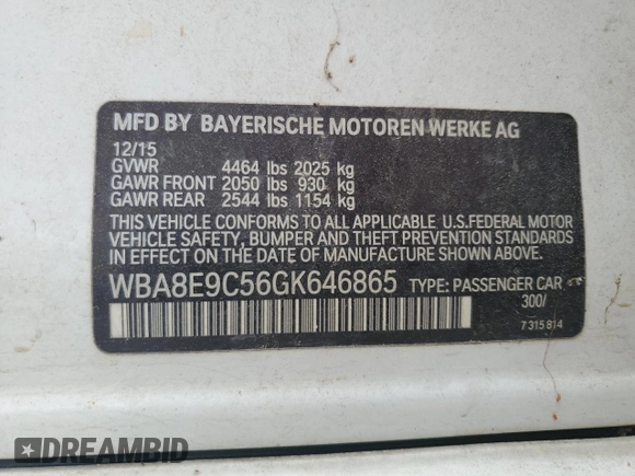 2016 BMW 3 Series 328i with VIN WBA8E9C56GK646865, listed as a Copart auction lot 55961825 with 137,665 mi miles and Salvage title. Bid and sale history available at DreamBid. Image 12.