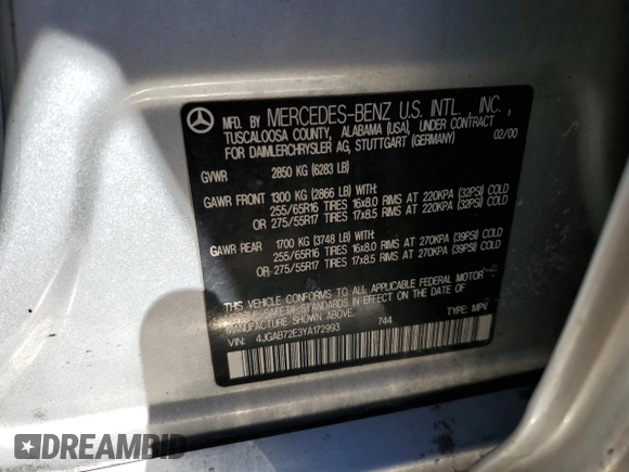 2000 Mercedes-Benz M 320/430/500 with VIN 4JGAB72E3YA172993, listed as a Copart auction lot 47051815 with 112,355 mi miles and Salvage title. Bid and sale history available at DreamBid. Image 15.