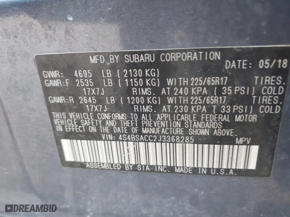 2018 Subaru Outback Premium with VIN 4S4BSACC2J3368285, listed as a IAAI auction lot 41499482 with 140,853 mi miles. Bid and sale history available at carsss.com. Image 9.