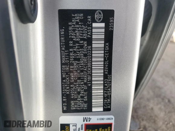 2011 Toyota Camry LE with VIN 4T1BF3EK9BU203236, listed as a Copart auction lot 49347735 with 76,785 mi miles and Salvage Title. Bid and sale history available at carsss.com. Image 12.