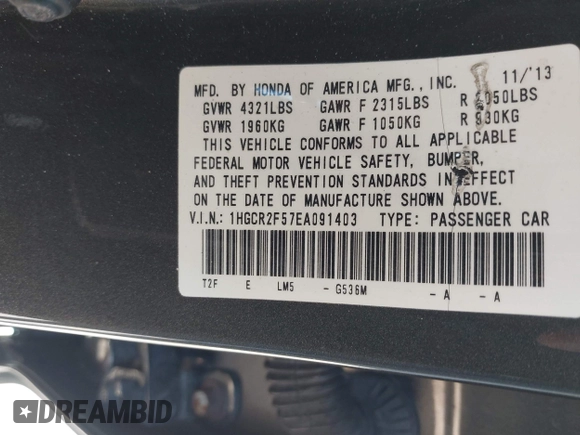 2014 Honda Accord Sport with VIN 1HGCR2F57EA091403, listed as a IAAI auction lot 41919375 with 170,743 mi miles and . Bid and sale history available at DreamBid. Image 9.