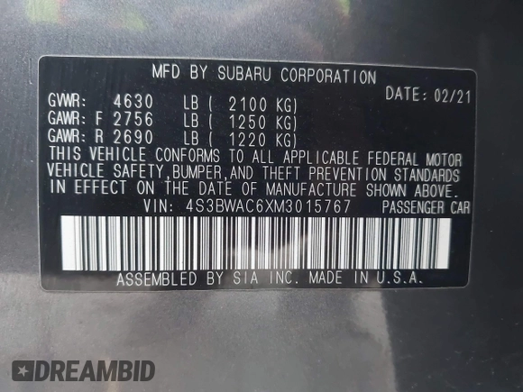 2021 Subaru Legacy Premium z VIN 4S3BWAC6XM3015767, wystawiony jako IAAI lot #42117344 z przebiegiem 50 639 mil mil oraz . Historia ofert i sprzedaży dostępna na DreamBid. Obrazek 9.