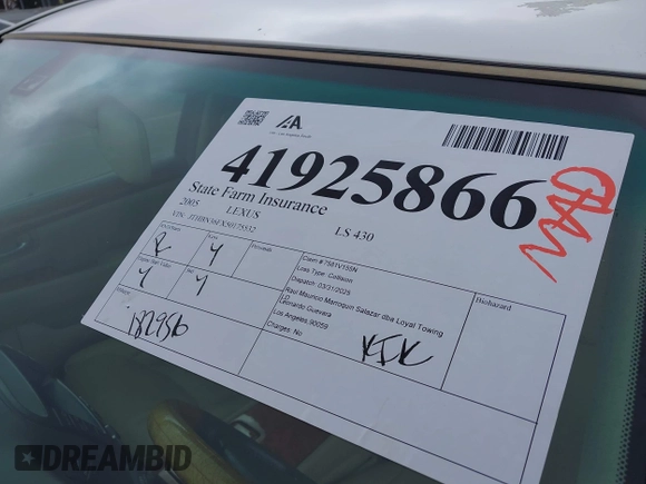 2005 Lexus LS 430 z VIN JTHBN36FX50175532, wystawiony jako IAAI lot #41925866 z przebiegiem 182 956 mil mil oraz . Historia ofert i sprzedaży dostępna na DreamBid. Obrazek 17.