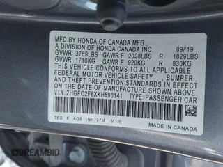 2019 Honda Civic Sport with VIN 2HGFC2F8XKH598141, listed as a IAAI auction lot 42013724 with 98,401 mi miles and . Bid and sale history available at DreamBid. Image 9.