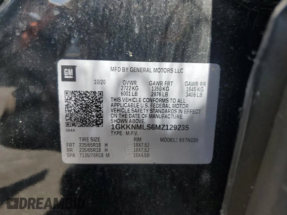 2021 GMC Acadia SLT with VIN 1GKKNMLS6MZ129235, listed as a Copart auction lot 57599215 with 91,820 mi miles and Salvage title. Bid and sale history available at DreamBid. Image 13.