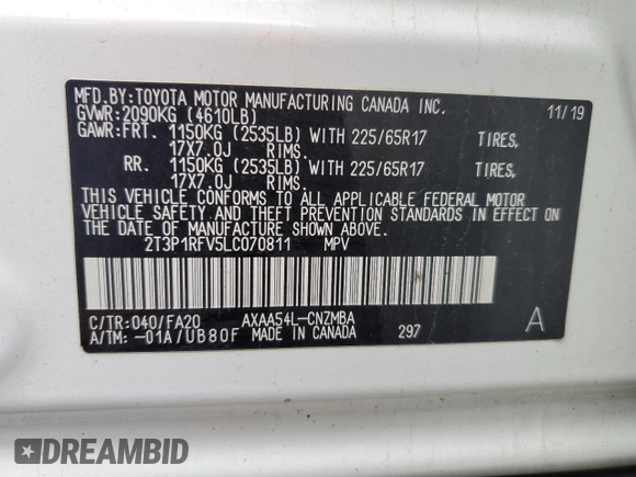 2020 Toyota RAV4 XLE with VIN 2T3P1RFV5LC070811, listed as a Copart auction lot 52326875 with 49,333 mi miles and Salvage Title. Bid and sale history available at carsss.com. Image 13.