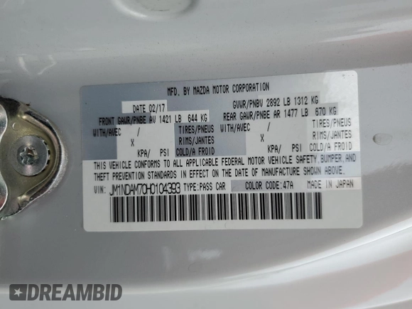 2017 Mazda MX-5 Miata Grand Touring z VIN JM1NDAM70H0104393, wystawiony jako Copart lot #58081805 z przebiegiem 76 279 mil mil oraz Szkoda całkowita • Salvage title. Historia ofert i sprzedaży dostępna na DreamBid. Obrazek 13.