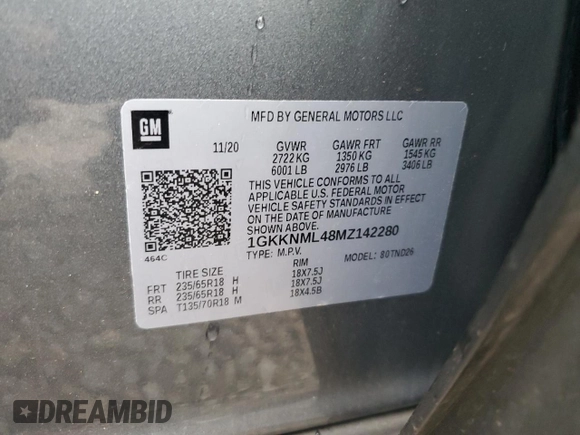 2021 GMC Acadia SLT with VIN 1GKKNML48MZ142280, listed as a Copart auction lot 72833214 with 57,237 mi miles and Salvage Title. Bid and sale history available at DreamBid. Image 15.