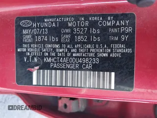 2013 Hyundai Accent GLS with VIN KMHCT4AE0DU498233, listed as a IAAI auction lot 41184704 with 1 mi miles. Bid and sale history available at carsss.com. Image 9.