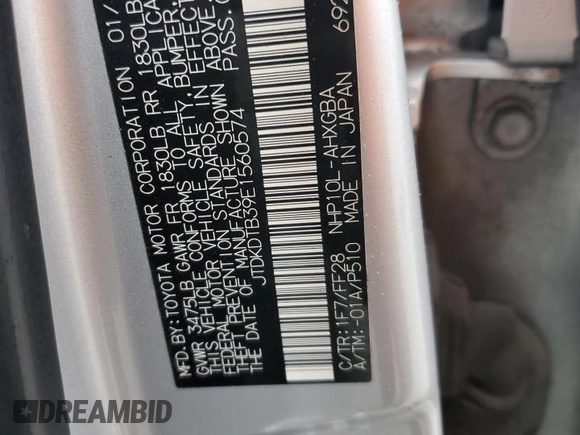 2014 Toyota Prius One with VIN JTDKDTB39E1560574, listed as a Copart auction lot 50197805 with 226,119 mi miles and Salvage Title. Bid and sale history available at DreamBid. Image 13.