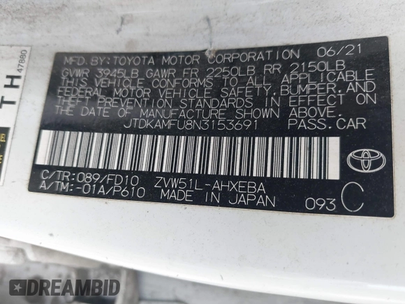 2022 Toyota Prius L Eco with VIN JTDKAMFU8N3153691, listed as a IAAI auction lot 42001298 with 190,268 mi miles and . Bid and sale history available at DreamBid. Image 9.