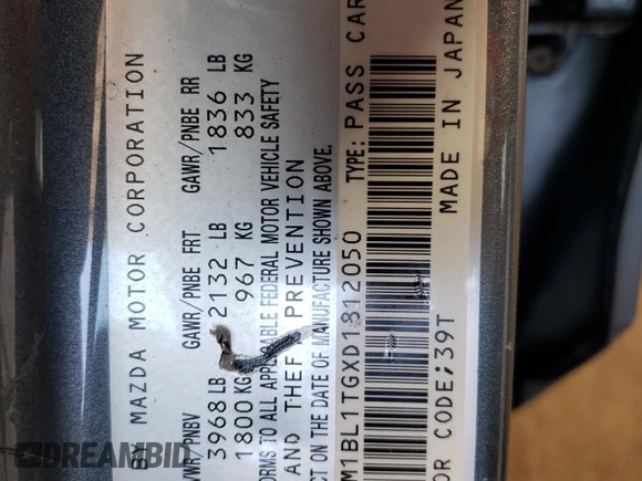 2013 Mazda 3 i SV with VIN JM1BL1TGXD1812050, listed as a Copart auction lot 61905995 with 120,360 mi miles and Salvage title. Bid and sale history available at DreamBid. Image 12.