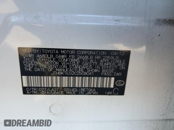 2012 Lexus ES with VIN JTHBK1EG2C2508041, listed as a Copart auction lot 50417575 with 130,541 mi miles and Salvage Title. Bid and sale history available at carsss.com. Image 13.