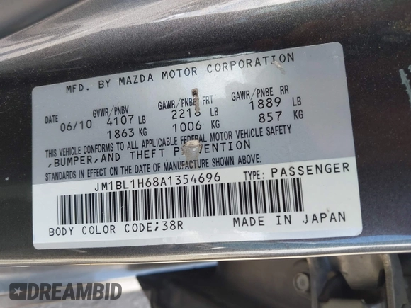 2010 Mazda 3 S Sport with VIN JM1BL1H68A1354696, listed as a IAAI auction lot 42255522 with 218,310 mi miles and . Bid and sale history available at DreamBid. Image 9.