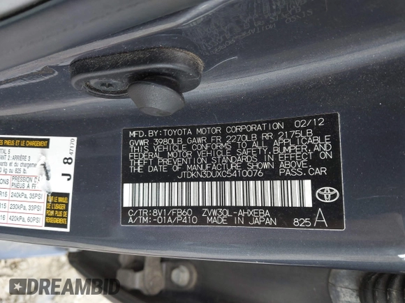 2012 Toyota Prius One with VIN JTDKN3DUXC5410076, listed as a IAAI auction lot 42191581 with 244,502 mi miles. Bid and sale history available at carsss.com. Image 9.