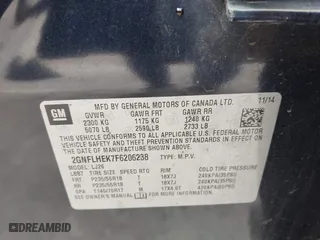 2015 Chevrolet Equinox LTZ with VIN 2GNFLHEK7F6206238, listed as a IAAI auction lot 41518571 with 211,842 mi miles. Bid and sale history available at carsss.com. Image 9.