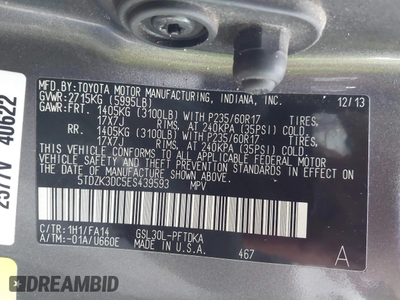 2014 Toyota Sienna L with VIN 5TDZK3DC5ES439593, listed as a IAAI auction lot 42420219 with 136,544 mi miles and . Bid and sale history available at DreamBid. Image 9.