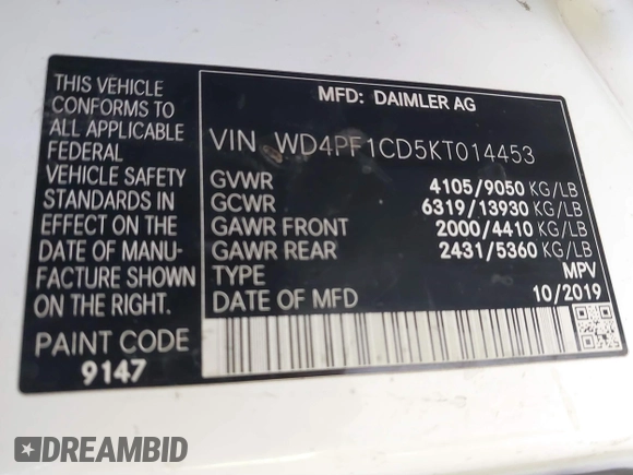 2019 Mercedes-Benz Sprinter Cargo z VIN WD4PF1CD5KT014453, wystawiony jako IAAI lot #41100495 z przebiegiem 195 185 mil mil oraz . Historia ofert i sprzedaży dostępna na DreamBid. Obrazek 9.